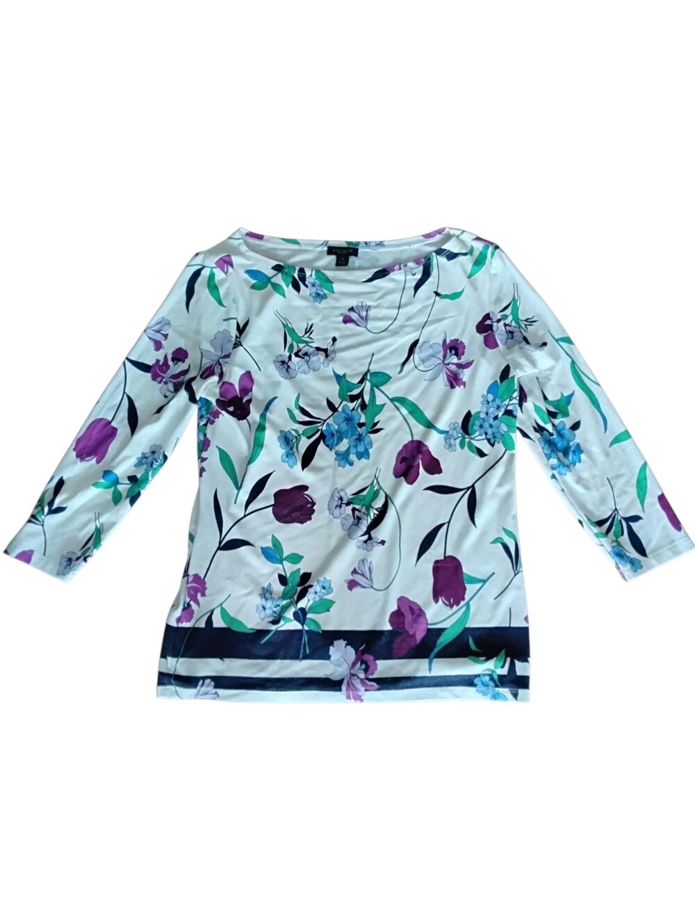 Ann Taylor Floral Boatneck Three-Quarter Sleeve Top Womens XS